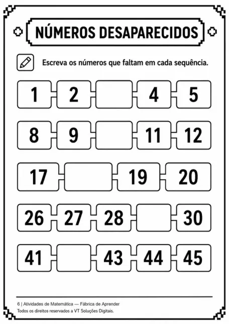 Página de sequências numéricas do caderno de Matemática