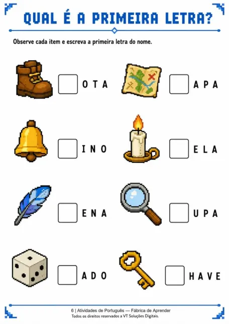 Página de primeira letra do caderno de Português