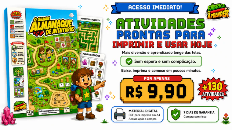 Grande Almanaque de Aventuras com atividades digitais prontas para imprimir e acesso imediato